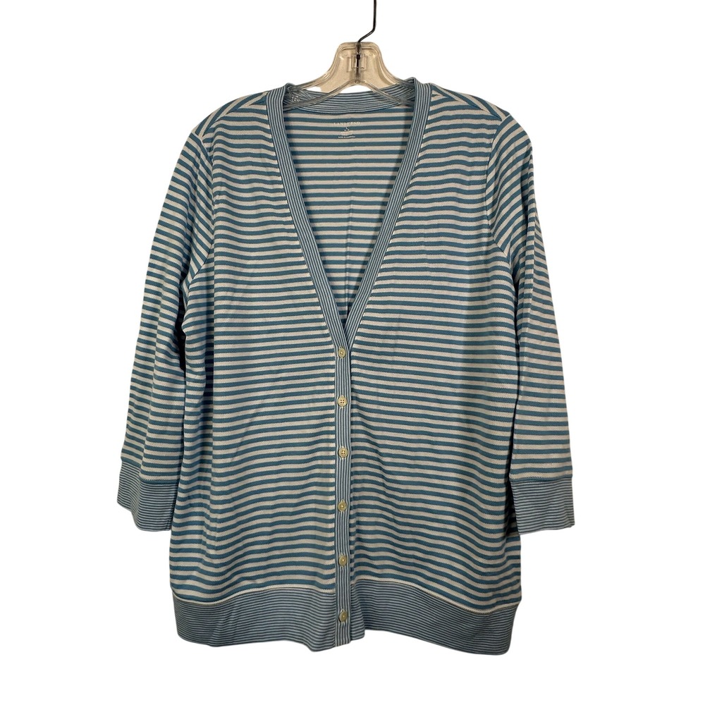 Lands End Womens Blue White Striped V-Neck Button Front Cardigan Size L 14-16
